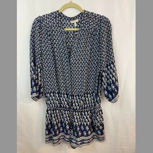 Joie silk romper, size L, navy and white feather pattern